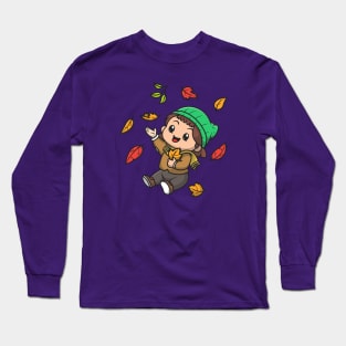 Cute Girl In Autumn Cartoon Long Sleeve T-Shirt